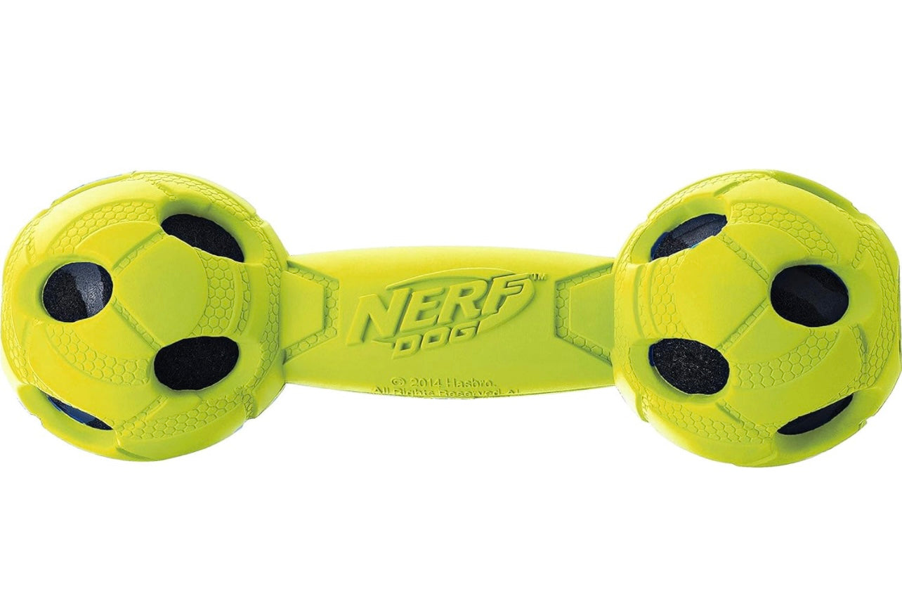 Nerf Dog 7in Squeak Bash Rubber Wrapped Tennis Barbell: Green, Dog Toy