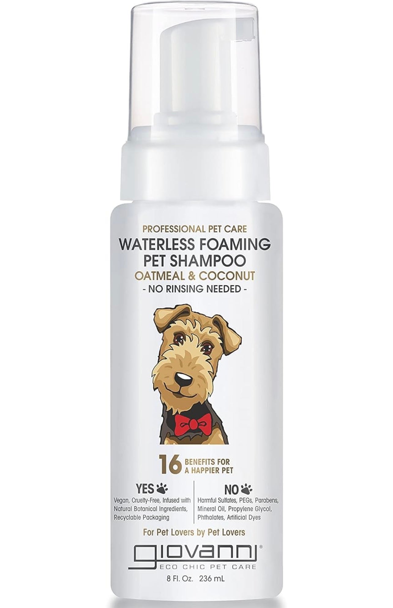 GIOVANNI Professional Foaming Waterless Pet Shampoo - Oatmeal & Coconut Helps Neutralize Odors, Cleanses, Silkens, Controls Static, Freshens Fur - 8 oz